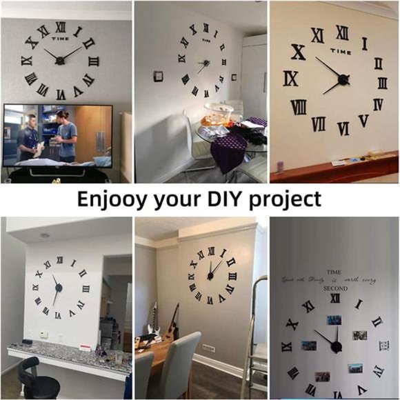 Large 3D Wall Clock, Giant Roman Numerals Clock Frameless Mirror Big Wall Clock - Picture 2 of 5